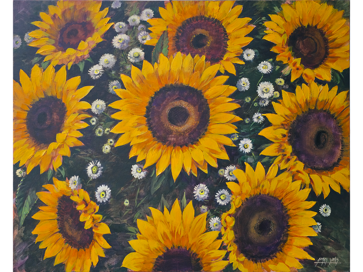 Post-Impressionist oil painting of large golden sunflowers and small white daisies against a dark background by James Yates.