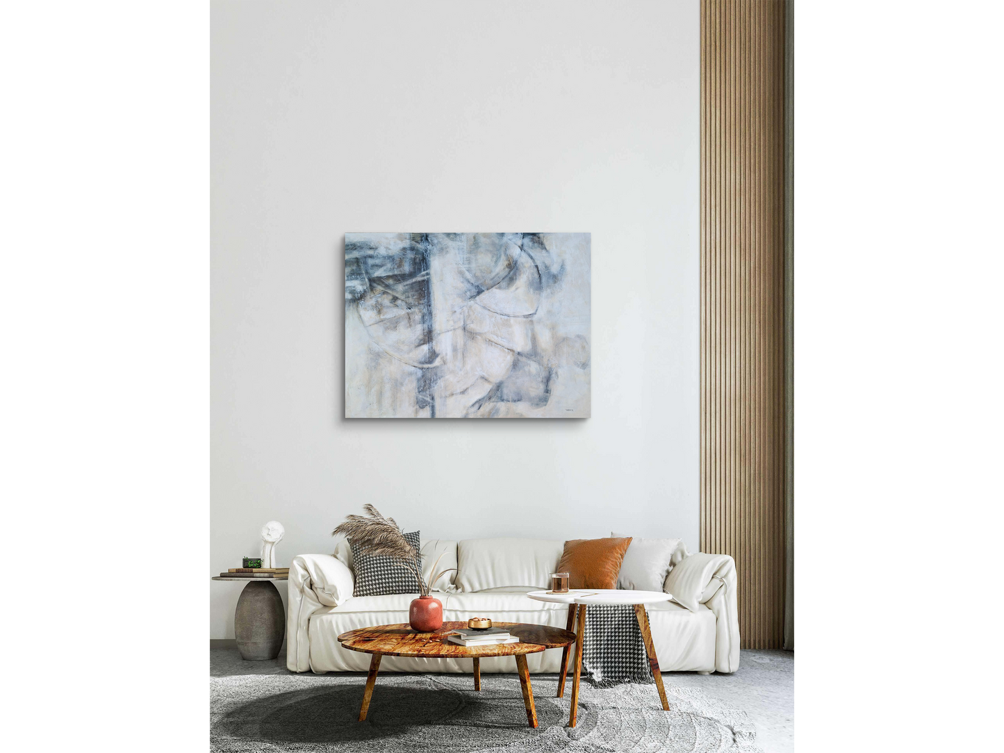 Large horizontal abstract painting with neutral tones, featuring sweeping curved lines and textured layers of white and grey.