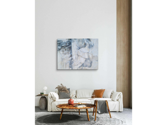 Large horizontal abstract painting with neutral tones, featuring sweeping curved lines and textured layers of white and grey.