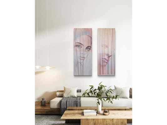 Two vertical paintings side-by-side showing a female and male face through a layer of translucent pink fabric with vertical paint drips.