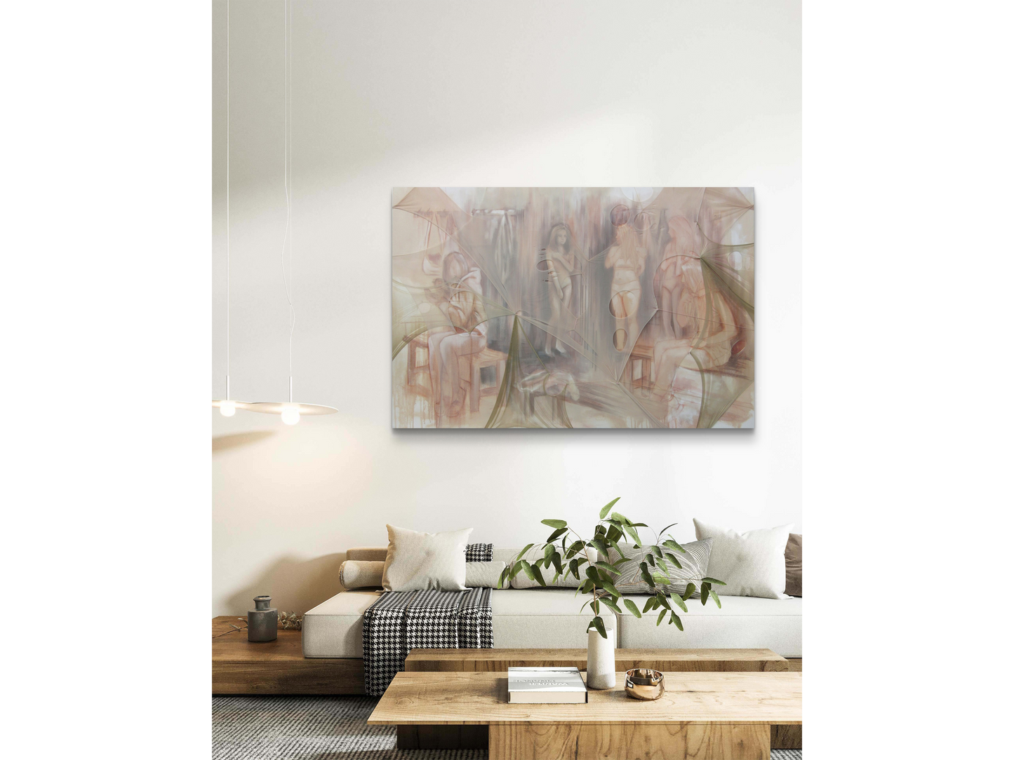 Large horizontal mixed-media painting showing female figures in a locker room, overlaid with a sheer beige fabric that has circular rips and holes.