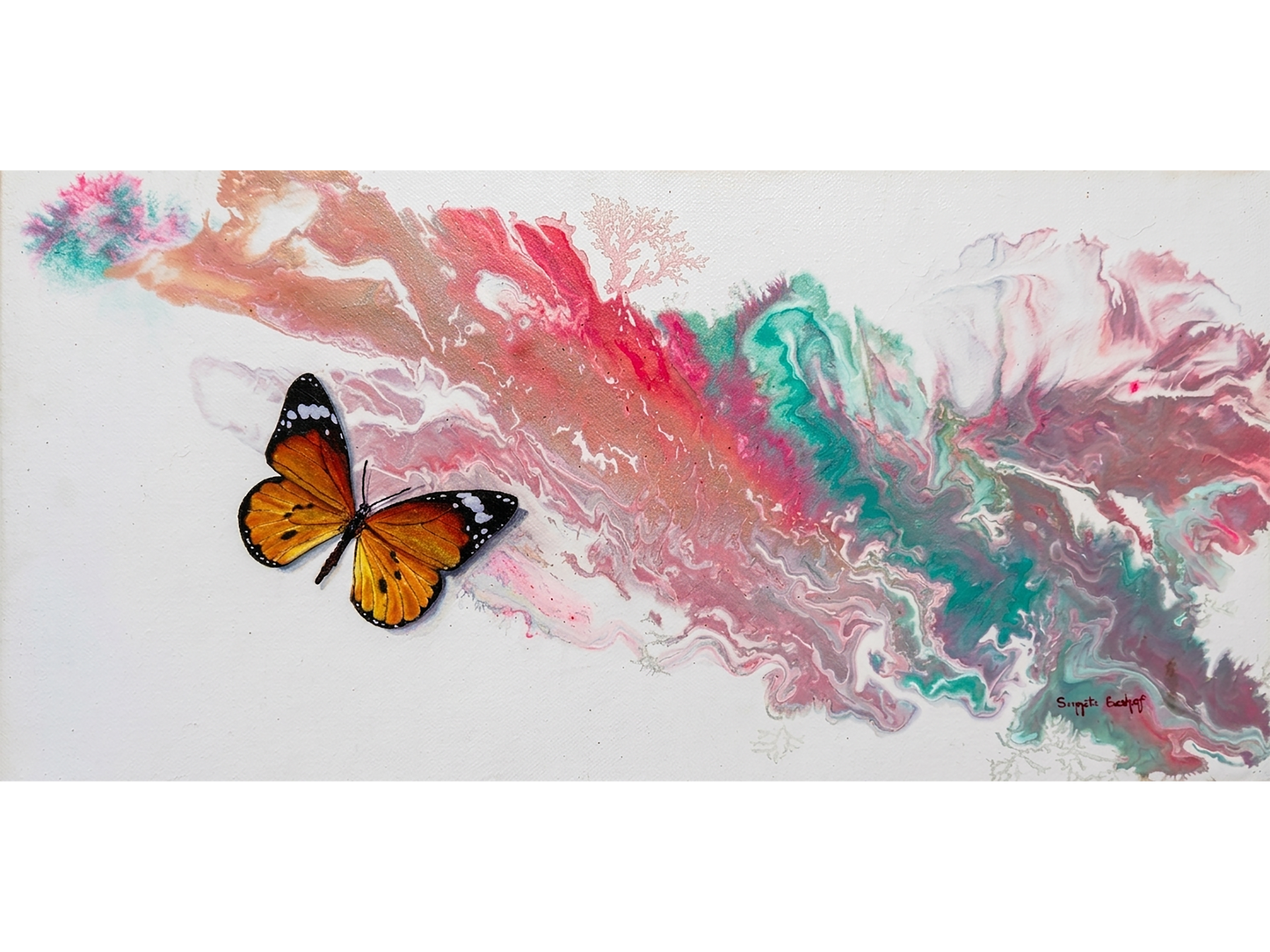 Horizontal painting of a realistic orange butterfly next to a diagonal swirl of pink, turquoise, and white marbled paint on a white canvas.