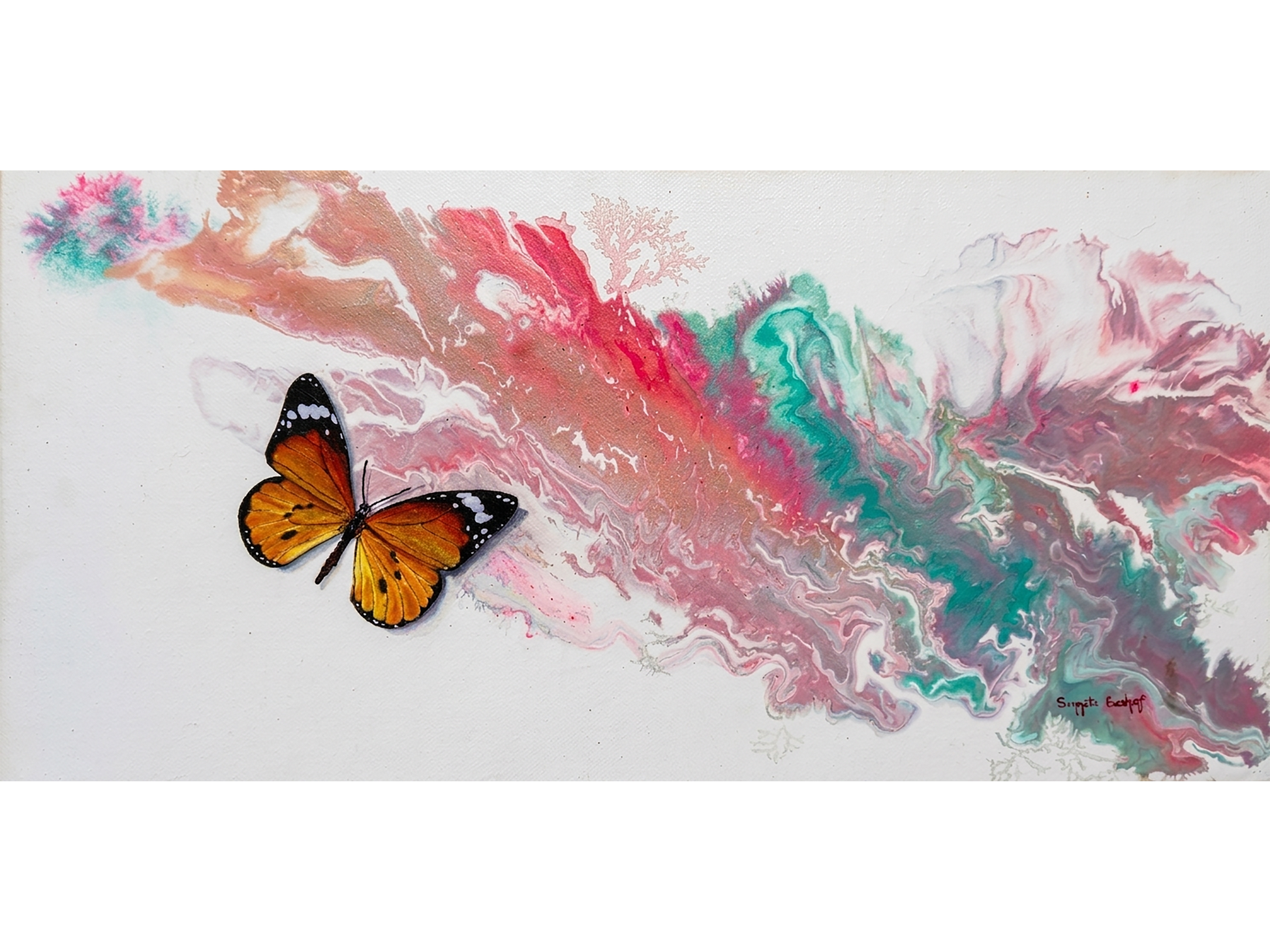Horizontal painting of a realistic orange butterfly next to a diagonal swirl of pink, turquoise, and white marbled paint on a white canvas.