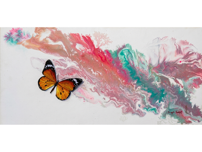 Horizontal painting of a realistic orange butterfly next to a diagonal swirl of pink, turquoise, and white marbled paint on a white canvas.