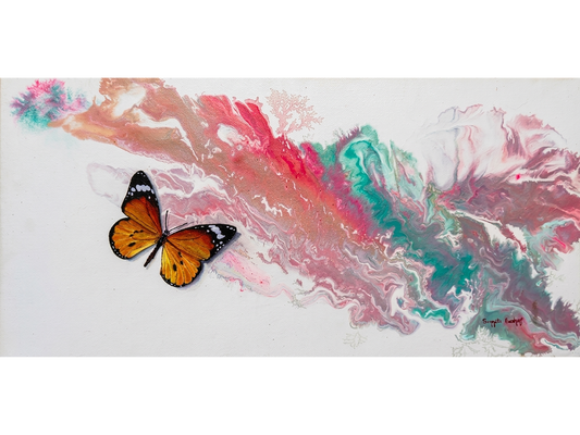 Horizontal painting of a realistic orange butterfly next to a diagonal swirl of pink, turquoise, and white marbled paint on a white canvas.