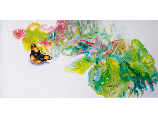 Horizontal acrylic painting with a realistic orange butterfly and a large, colorful abstract swirl of green, yellow, and pink marbled paint on a white background.