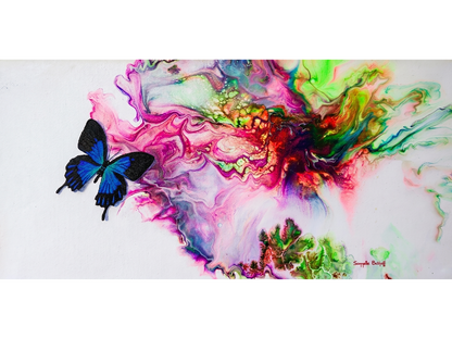 Horizontal acrylic painting of a detailed blue and black butterfly flying near a vibrant, marbled explosion of pink, green, and purple paint.
