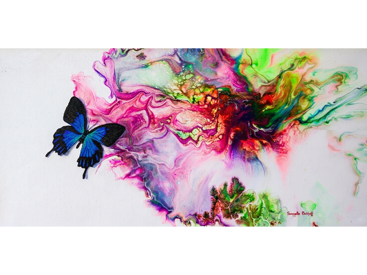 Horizontal acrylic painting of a detailed blue and black butterfly flying near a vibrant, marbled explosion of pink, green, and purple paint.