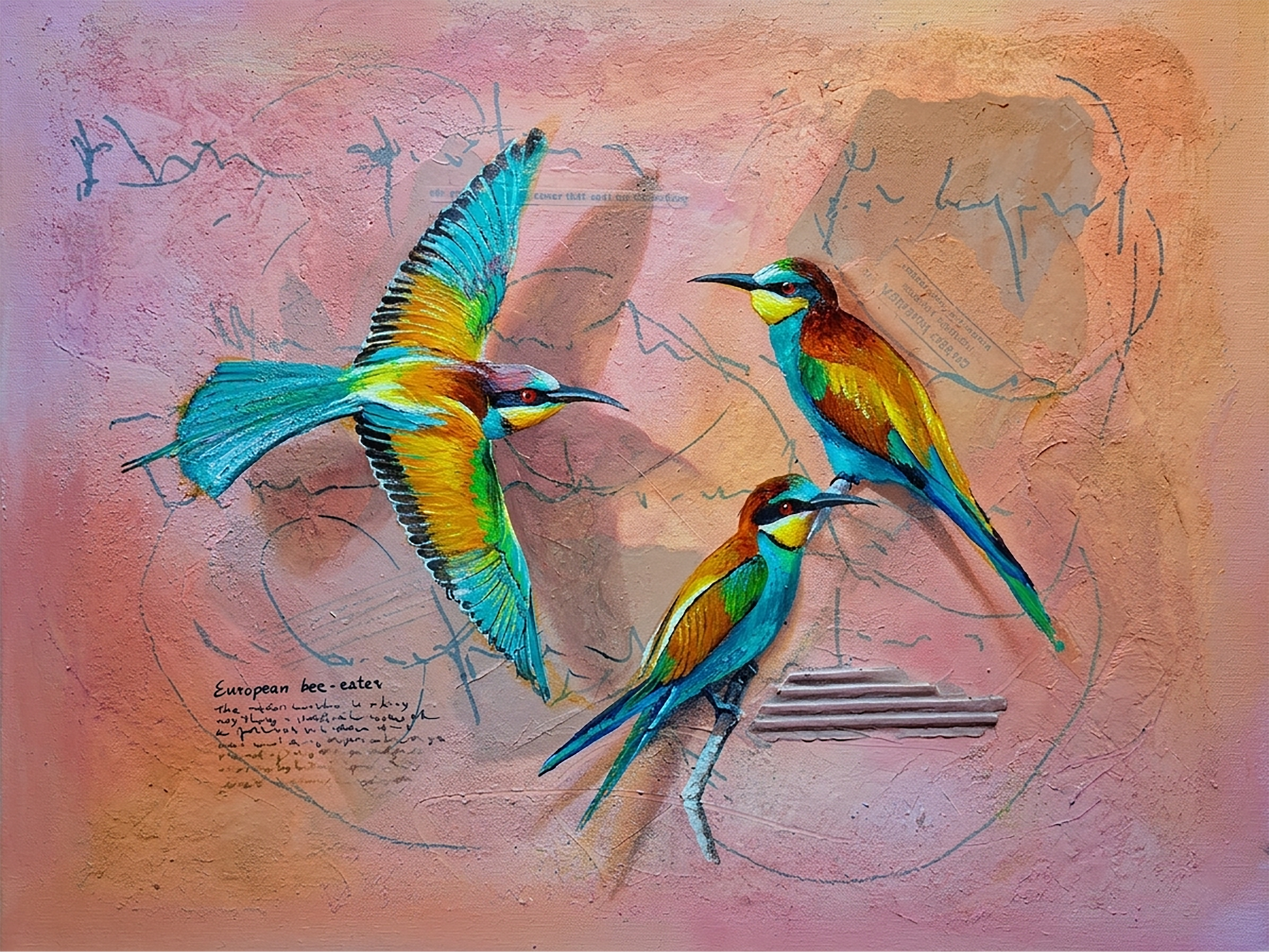 Mixed media painting featuring three colourful European Bee-eater birds against a textured pink and orange background with collaged text and cardboard.