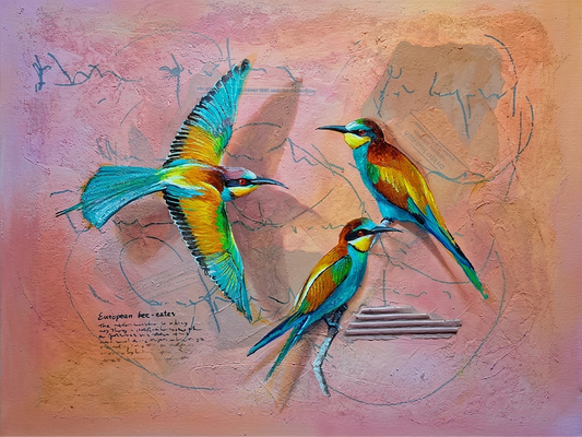 Mixed media painting featuring three colourful European Bee-eater birds against a textured pink and orange background with collaged text and cardboard.