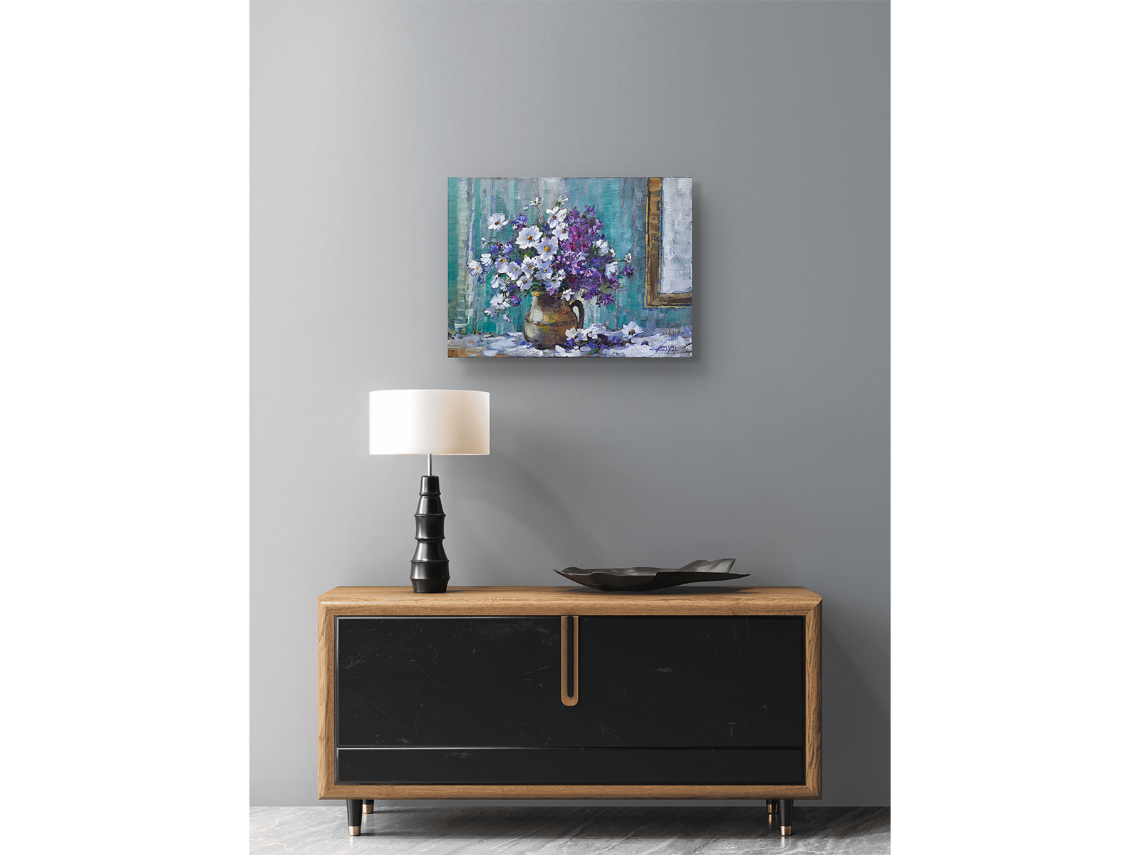 Textured oil painting of white cosmos and purple flowers in a clay pitcher next to a framed mirror against a teal background by James Yates.