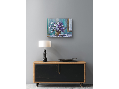 Textured oil painting of white cosmos and purple flowers in a clay pitcher next to a framed mirror against a teal background by James Yates.