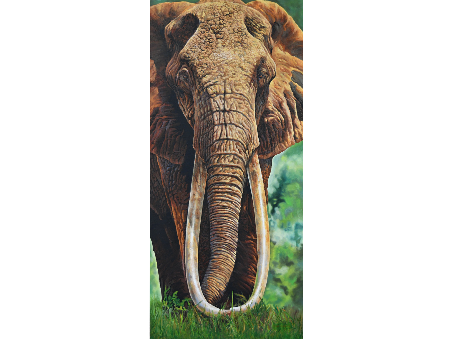 Monumental textured acrylic painting 'Dida' by Sannette Boshoff, 240 cm x 120 cm. A detailed close-up of an elephant with long tusks and wrinkled skin.