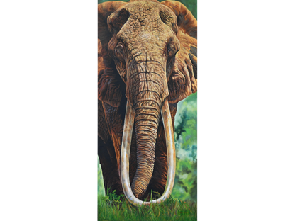 Monumental textured acrylic painting 'Dida' by Sannette Boshoff, 240 cm x 120 cm. A detailed close-up of an elephant with long tusks and wrinkled skin.