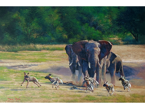 'Elephants and Wild dogs' - Dawie Fourie
