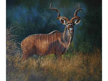 Acrylic on canvas, 75 cm (Height) x 100 cm (Width), showing a magnificent Kudu bull with large spiralled horns standing in dry, tall grasses. The animal's brown body has white vertical stripes, and a dark green, shadowy bushveld background frames the subject.