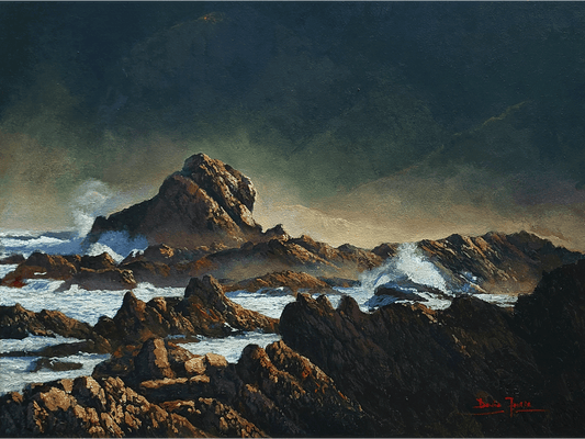 Acrylics on canvas, 45 cm (Height) x 60 cm (Width), showing a highly dramatic, dark seascape of the rugged Tsitsikamma coastline. Jagged, brown, sunlit rocks fill the foreground, contrasting sharply with the turbulent white foam of waves crashing against them under a heavy, dark, and brooding sky.