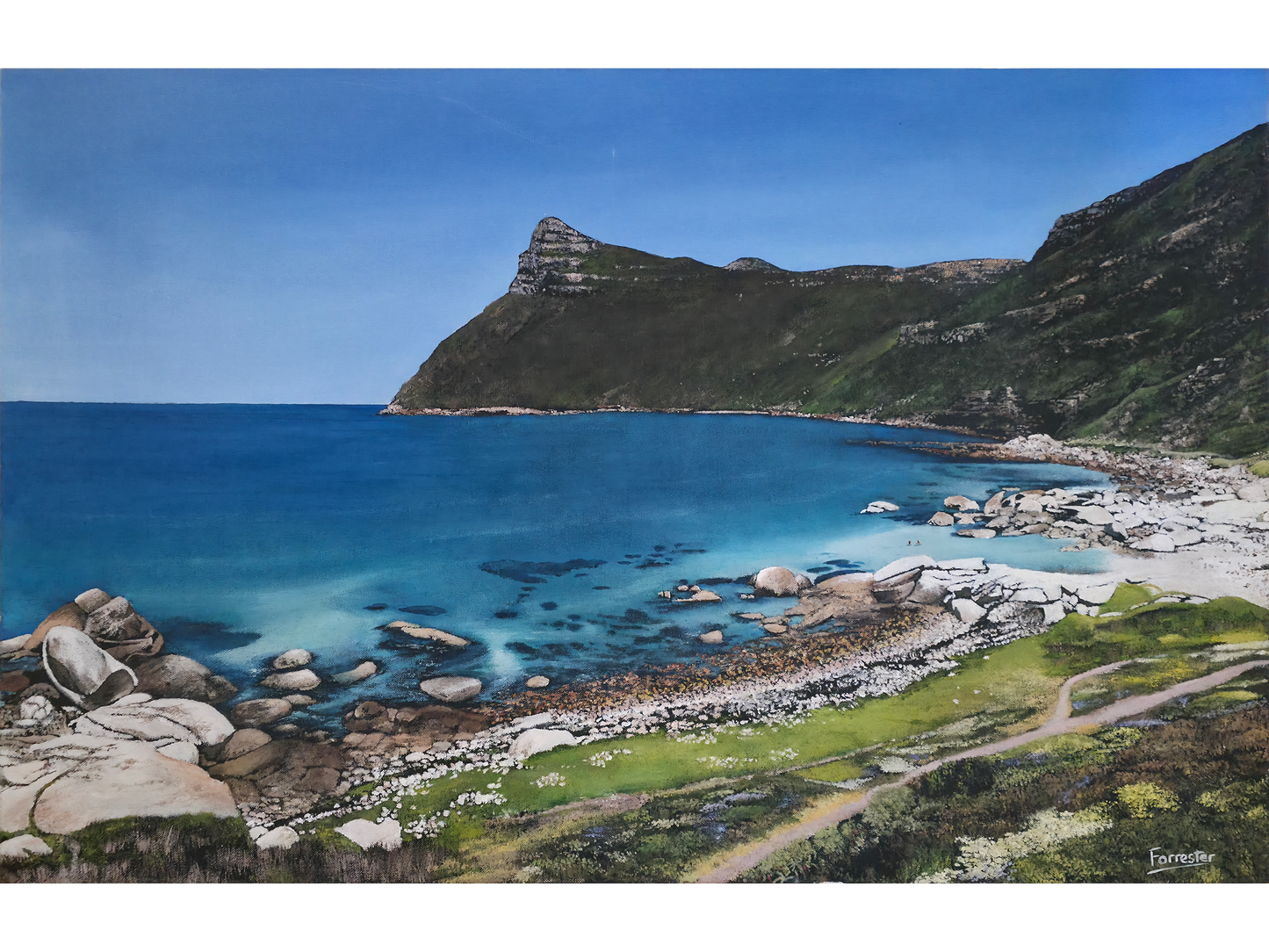 Original oil painting 'Taking a swim at Smitswinkels Bay' by Mike Forrester, 60 cm x 95 cm. A vast coastal scene featuring turquoise water, a rocky beach, and a prominent mountain peak.