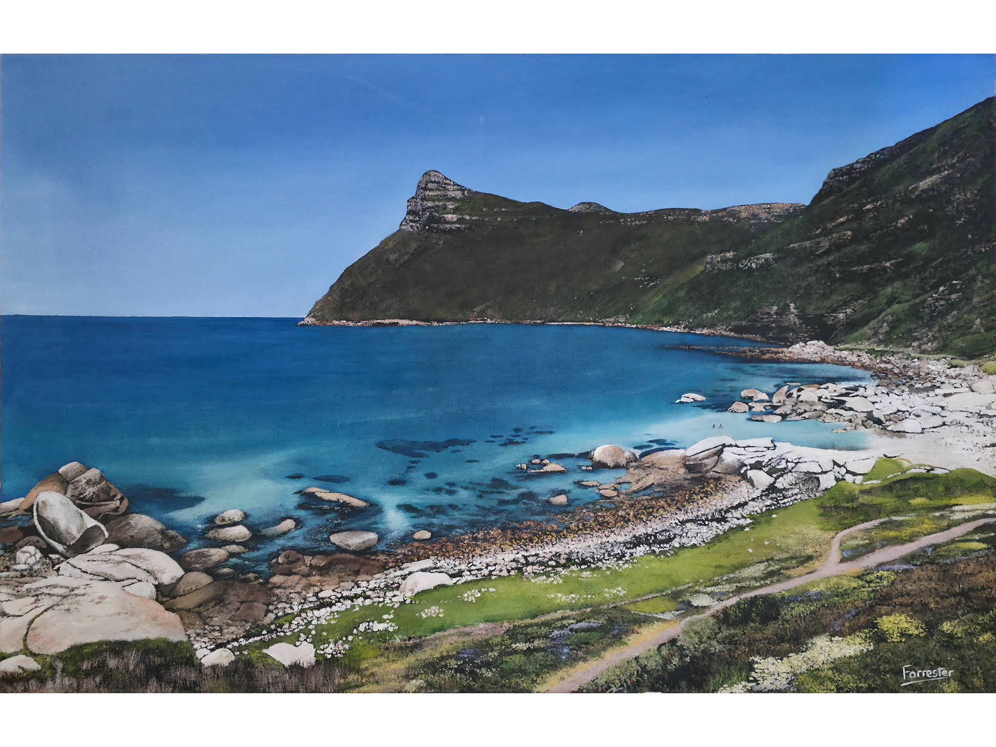 Original oil painting 'Taking a swim at Smitswinkels Bay' by Mike Forrester, 60 cm x 95 cm. A vast coastal scene featuring turquoise water, a rocky beach, and a prominent mountain peak.