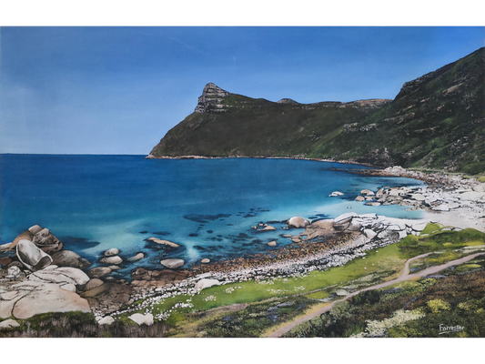 Original oil painting 'Taking a swim at Smitswinkels Bay' by Mike Forrester, 60 cm x 95 cm. A vast coastal scene featuring turquoise water, a rocky beach, and a prominent mountain peak.