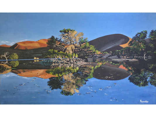 Original oil painting 'Sossusvlei reflection' by Mike Forrester, 40 cm x 69 cm. A desert landscape featuring red sand dunes and trees reflected in a still lake.