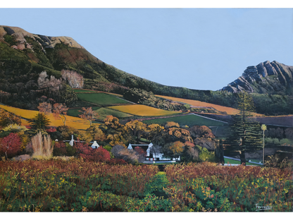 Original oil painting 'Klein Constantia' by Mike Forrester, 51 cm x 72 cm. A vibrant landscape of autumnal vineyards, white Cape Dutch buildings, and mountains.