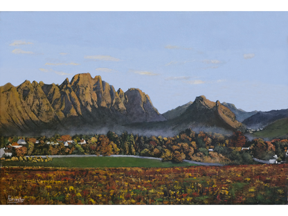Original oil painting 'Franschhoek Valley' by Mike Forrester, 40 cm x 60 cm. A vast landscape of golden vineyards, a misty tree line, and rugged mountain peaks.