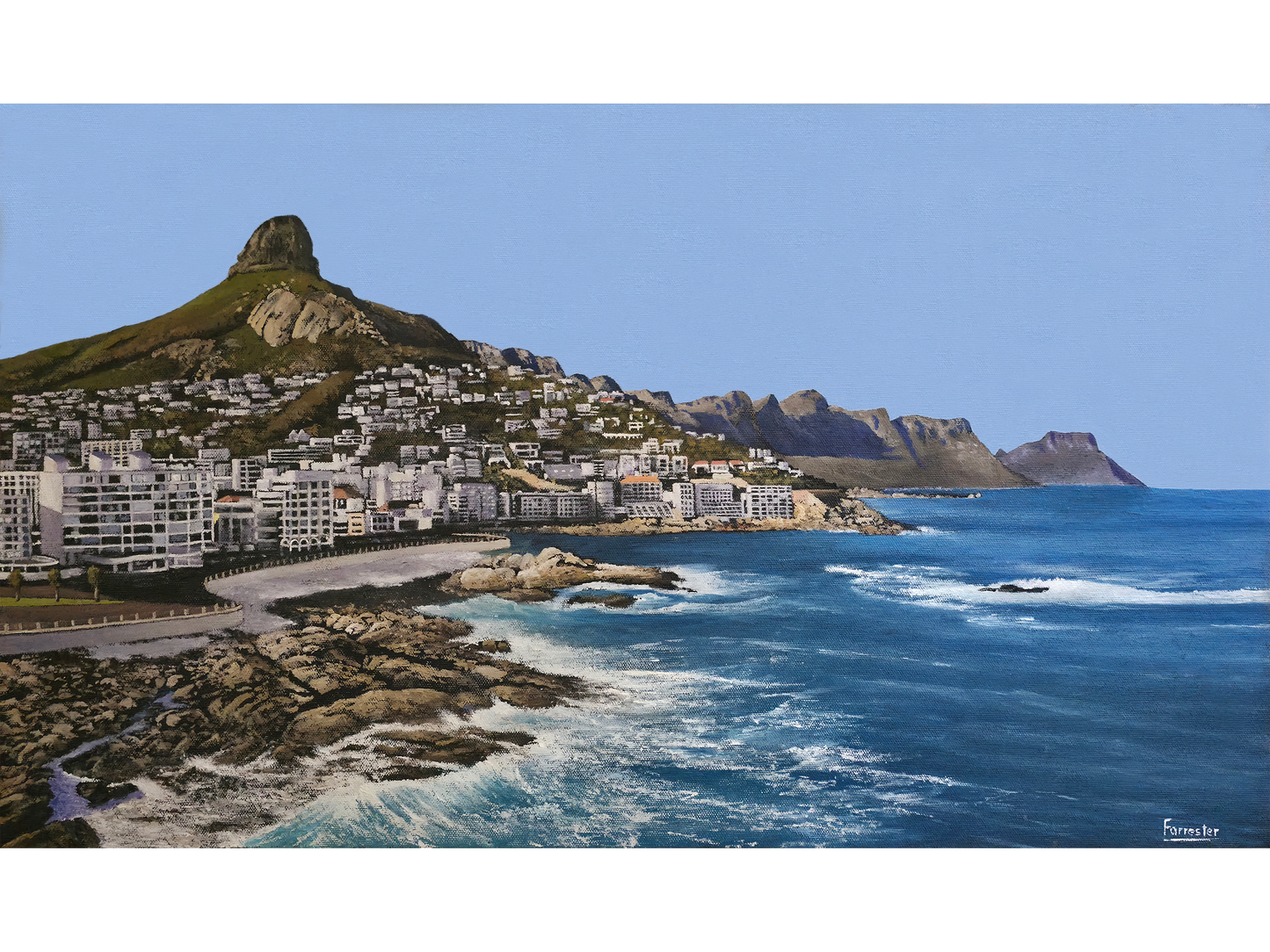 Original oil painting 'Bantry Bay to Hout Bay mountains' by Mike Forrester, 37 cm x 65 cm. A panoramic view of the Cape coastline with Lion's Head, white buildings, and distant peaks.