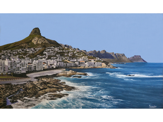 Original oil painting 'Bantry Bay to Hout Bay mountains' by Mike Forrester, 37 cm x 65 cm. A panoramic view of the Cape coastline with Lion's Head, white buildings, and distant peaks.