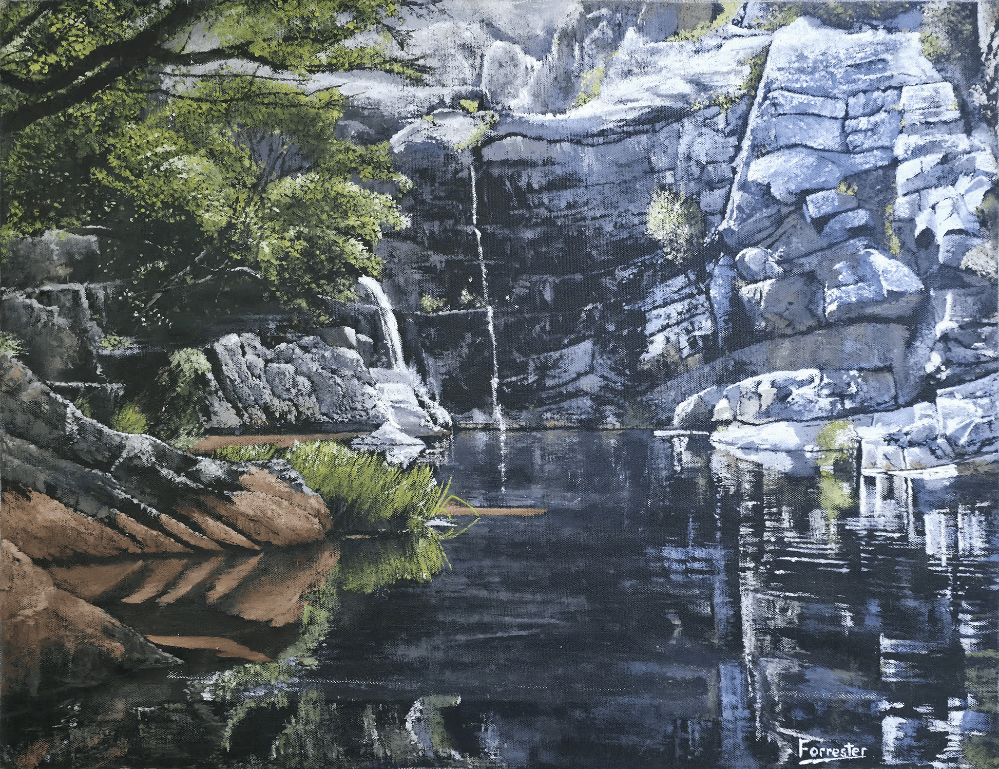 Original oil painting 'River Gorge' by Mike Forrester, 48 cm x 63 cm. A tranquil landscape featuring a reflective mountain pool, rocky cliffs, and gentle waterfalls framed by green trees.