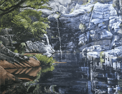 Original oil painting 'River Gorge' by Mike Forrester, 48 cm x 63 cm. A tranquil landscape featuring a reflective mountain pool, rocky cliffs, and gentle waterfalls framed by green trees.