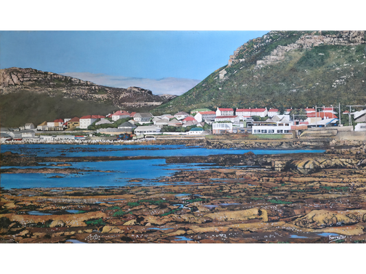 Original oil painting 'Kalk Bay from Dale Brook' by Mike Forrester, 30 cm x 66 cm. A panoramic coastal view across rocky pools toward red-roofed buildings and mountains.