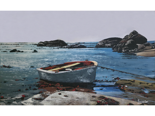 Original oil painting 'Fishing boat on West Coast beach' by Mike Forrester, 42 cm x 59 cm. A white rowing boat moored on a rocky, kelp-covered beach.