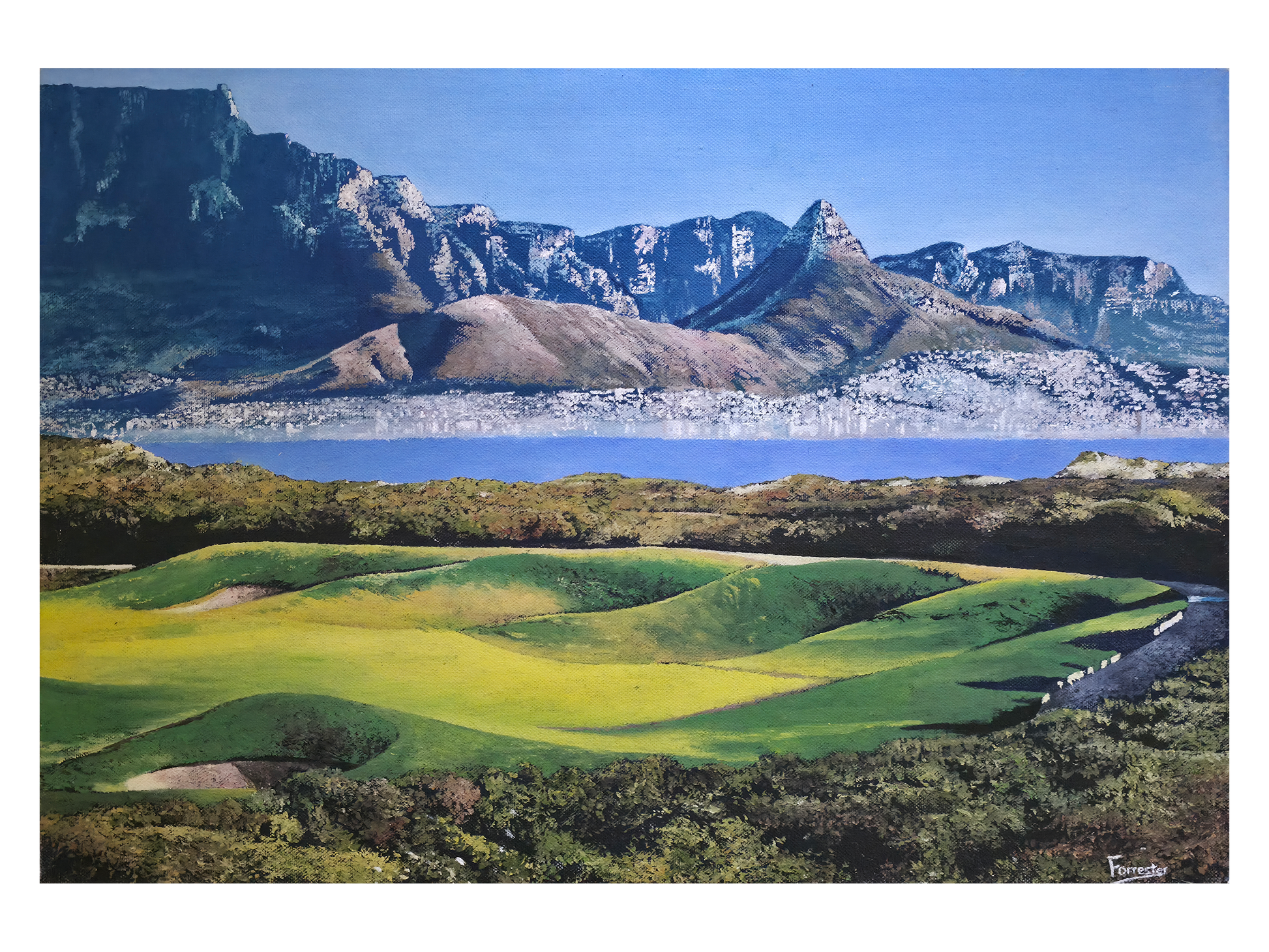 Original oil painting 'Atlantic golfcourse' by Mike Forrester, 40 cm x 58 cm. A green golf course overlooking Sea Point and Green Point under a fog blanket.