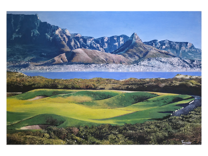 Original oil painting 'Atlantic golfcourse' by Mike Forrester, 40 cm x 58 cm. A green golf course overlooking Sea Point and Green Point under a fog blanket.