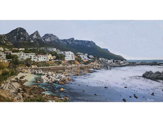 Original oil painting 'Bakoven in the late afternoon' by Mike Forrester, 38 cm x 75 cm. A wide coastal scene of Bakoven bay, featuring boulders, houses, and the Twelve Apostles mountains.