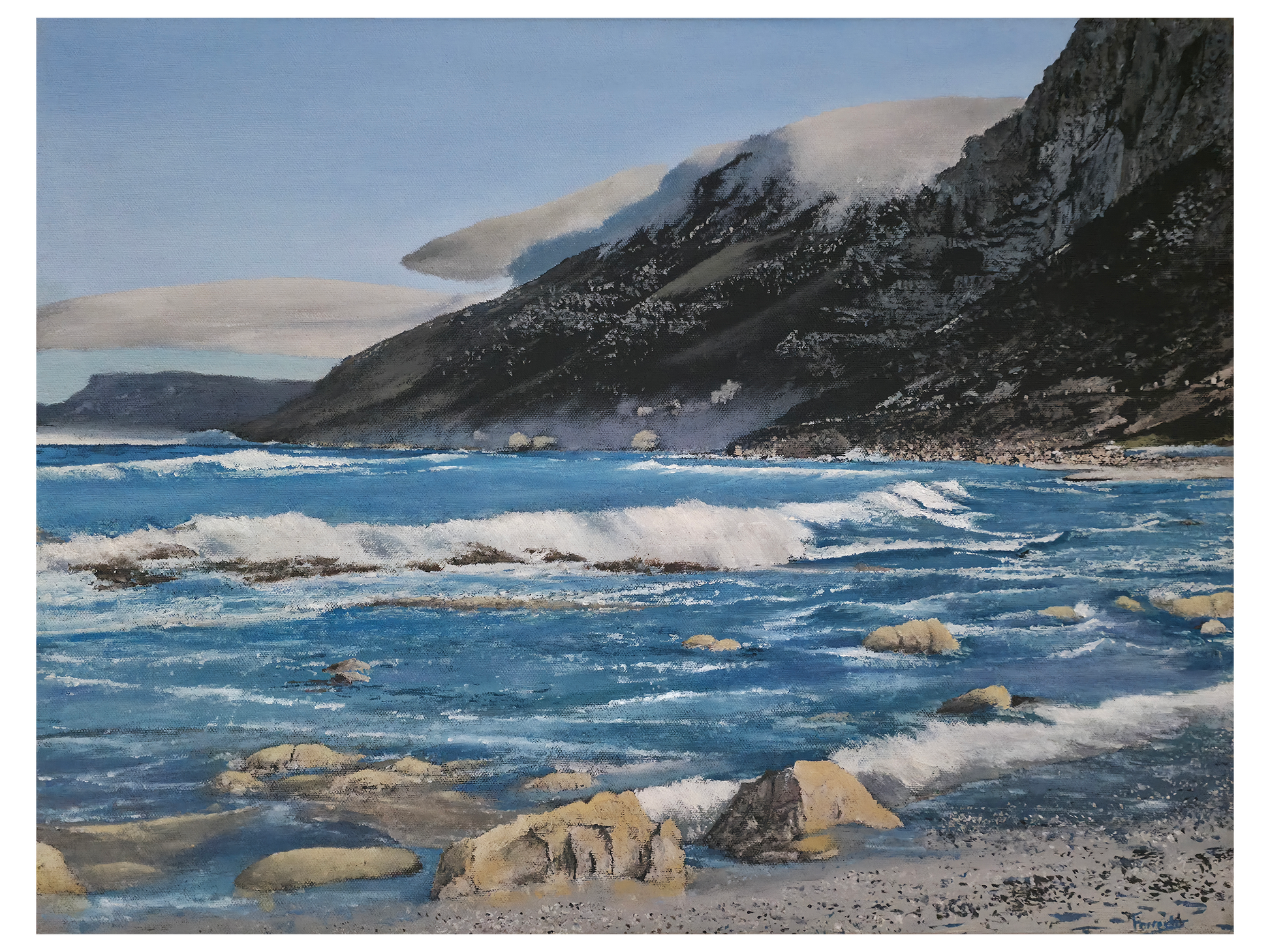 Original oil painting 'Scarborough beach' by Mike Forrester, 39 cm x 52 cm. A coastal scene of crashing blue waves, rocky shore, and misty mountains.