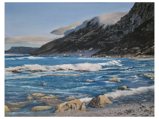 Original oil painting 'Scarborough beach' by Mike Forrester, 39 cm x 52 cm. A coastal scene of crashing blue waves, rocky shore, and misty mountains.