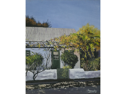 Original oil painting 'Cottage in Robertson' by Mike Forrester, 31.5 cm x 24.5 cm. A sunlit white cottage with a green door, corrugated roof, and yellow creepers.