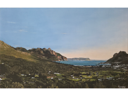 Original oil painting 'Hout Bay Valley' by Mike Forrester, 32 cm x 51 cm. A wide landscape showing a green valley with small white houses leading to a blue bay and mountains.