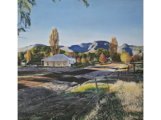 Original oil painting 'Karoo street scene' by Mike Forrester, 49 cm x 52 cm. A sunlit historic yellow house with long shadows, autumn trees, and mountains in the distance.