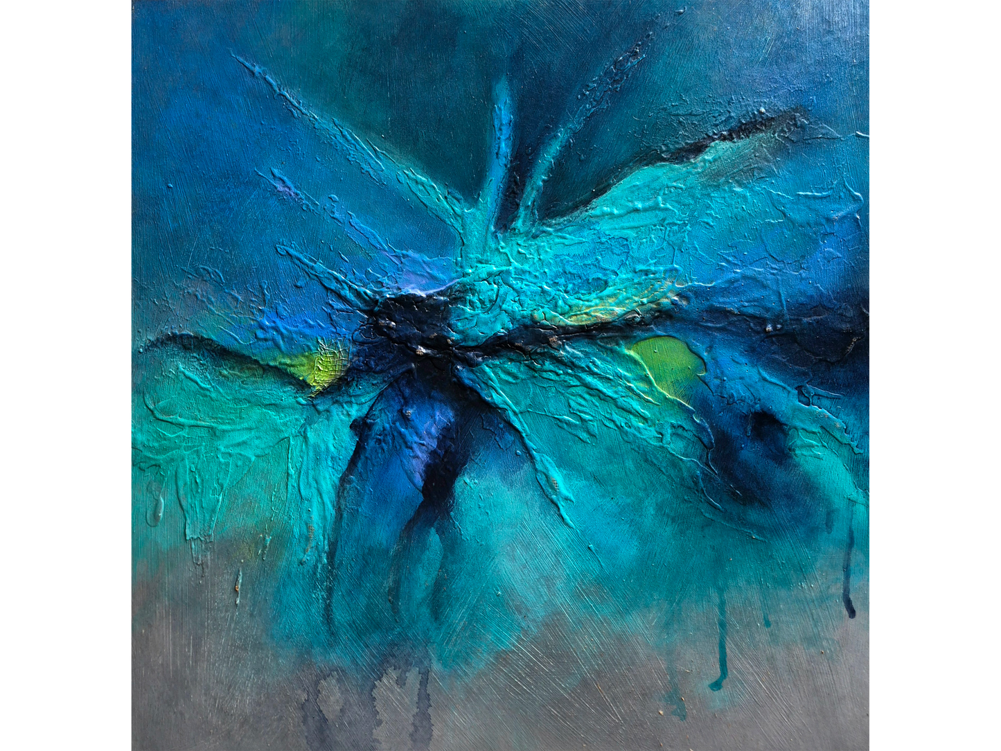 Square abstract painting with a textured, starburst-like centre in deep blue and turquoise with small green accents.