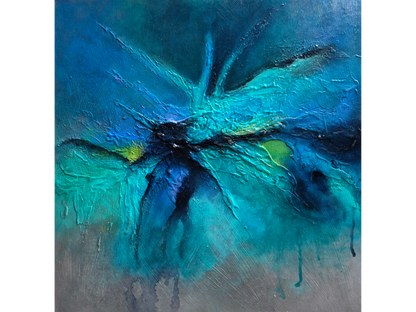 Square abstract painting with a textured, starburst-like centre in deep blue and turquoise with small green accents.