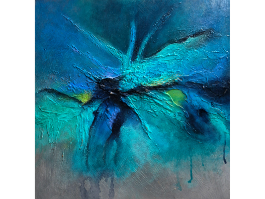 Square abstract painting with a textured, starburst-like centre in deep blue and turquoise with small green accents.