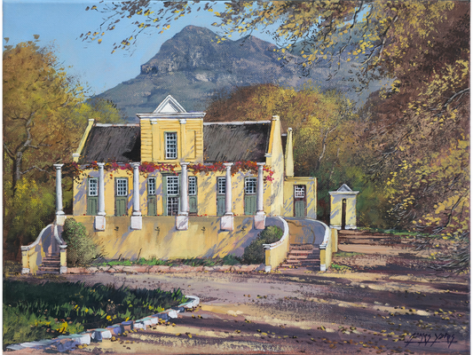 Oil painting of the yellow Tokai Manorhouse with white columns and a thatched roof, set against a blue mountain and autumn trees.