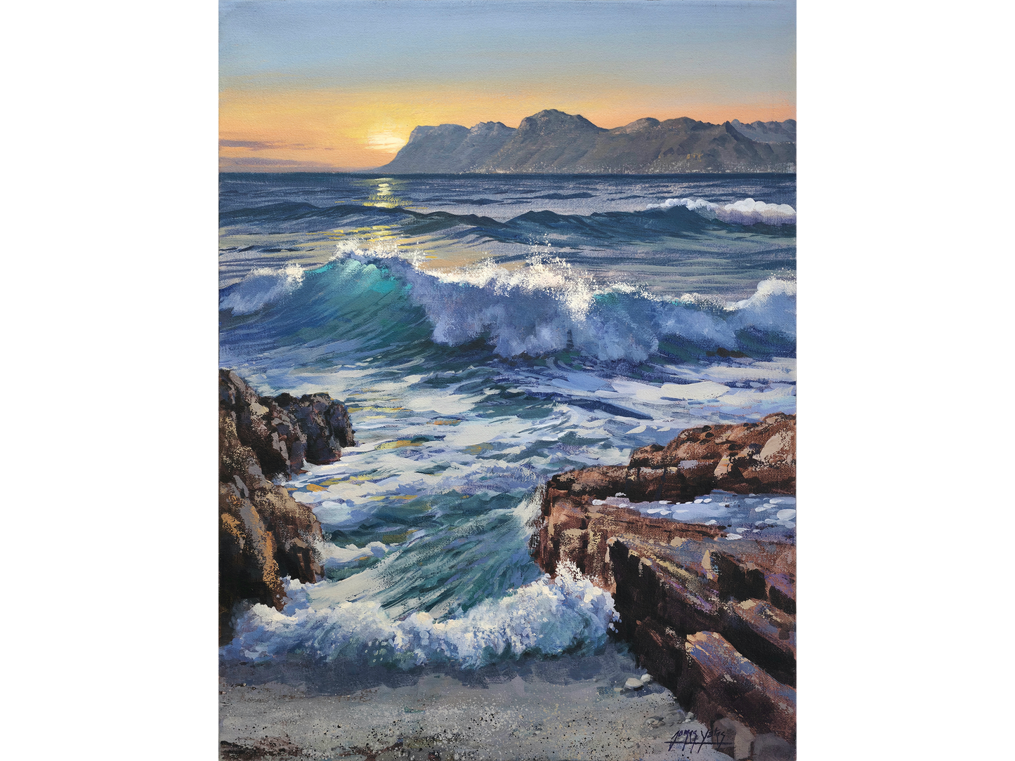 Oil painting of a bright turquoise wave breaking over rocks at St James beach, with mountains and a sunrise in the background.