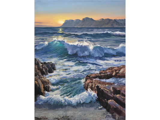 Oil painting of a bright turquoise wave breaking over rocks at St James beach, with mountains and a sunrise in the background.