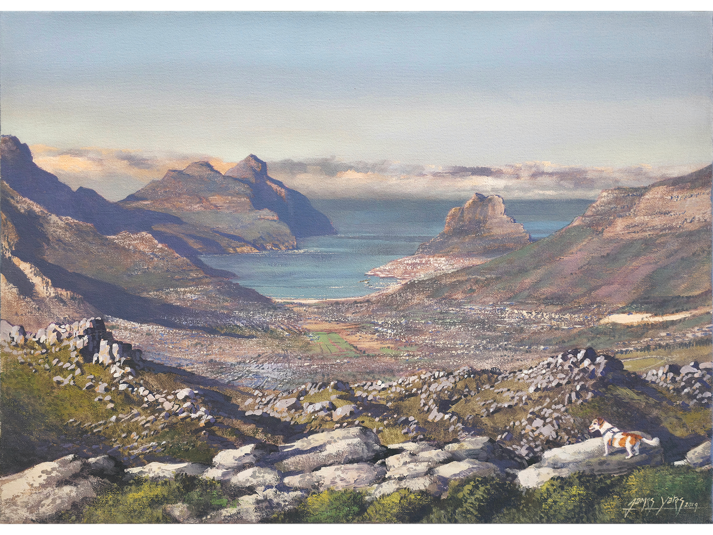 Oil painting from a rocky mountain peak showing a Jack Russell terrier looking down over a large valley toward Hout Bay and the Sentinel mountain under a clear sky.