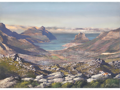 Oil painting from a rocky mountain peak showing a Jack Russell terrier looking down over a large valley toward Hout Bay and the Sentinel mountain under a clear sky.