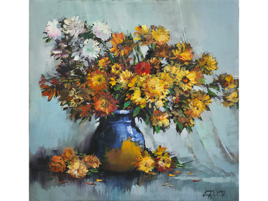 Square oil painting of a blue vase filled with bright yellow, orange, and white flowers against a soft grey background.